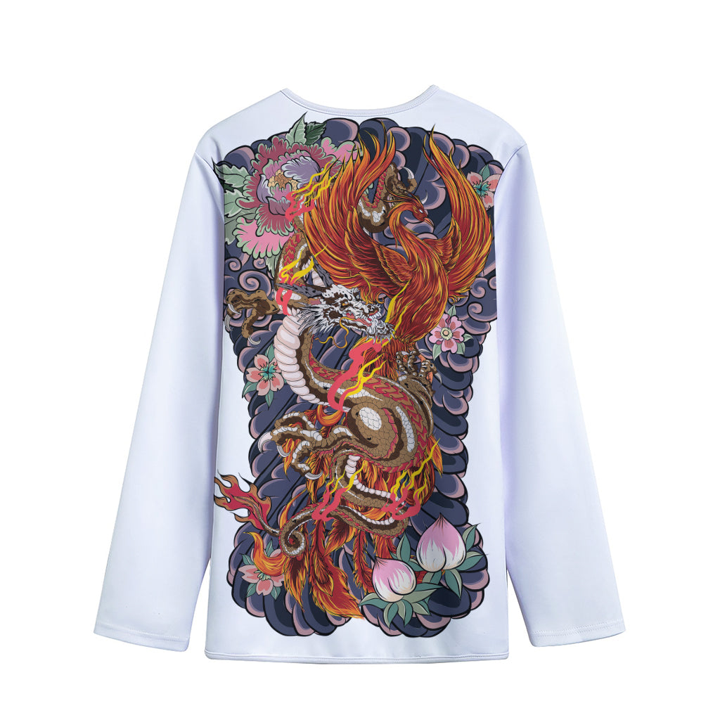 Japanese Dragon And Phoenix Tattoo Print Long Sleeve Short Coat