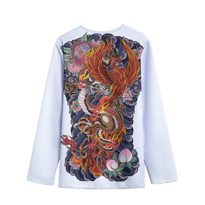 Japanese Dragon And Phoenix Tattoo Print Long Sleeve Short Coat