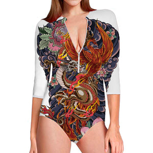 Japanese Dragon And Phoenix Tattoo Print Long Sleeve Swimsuit