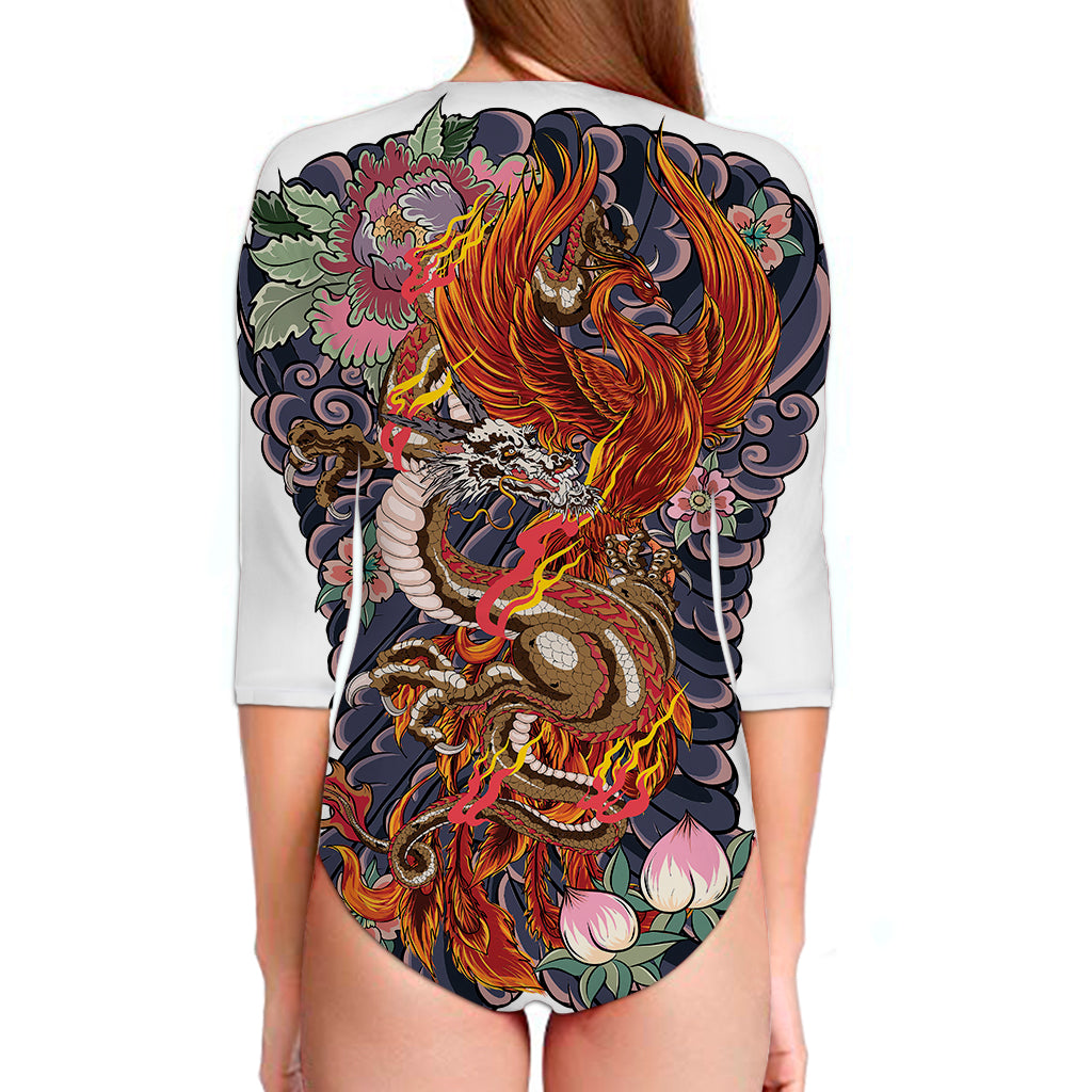 Japanese Dragon And Phoenix Tattoo Print Long Sleeve Swimsuit