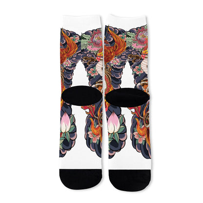 Japanese Dragon And Phoenix Tattoo Print Long Socks
