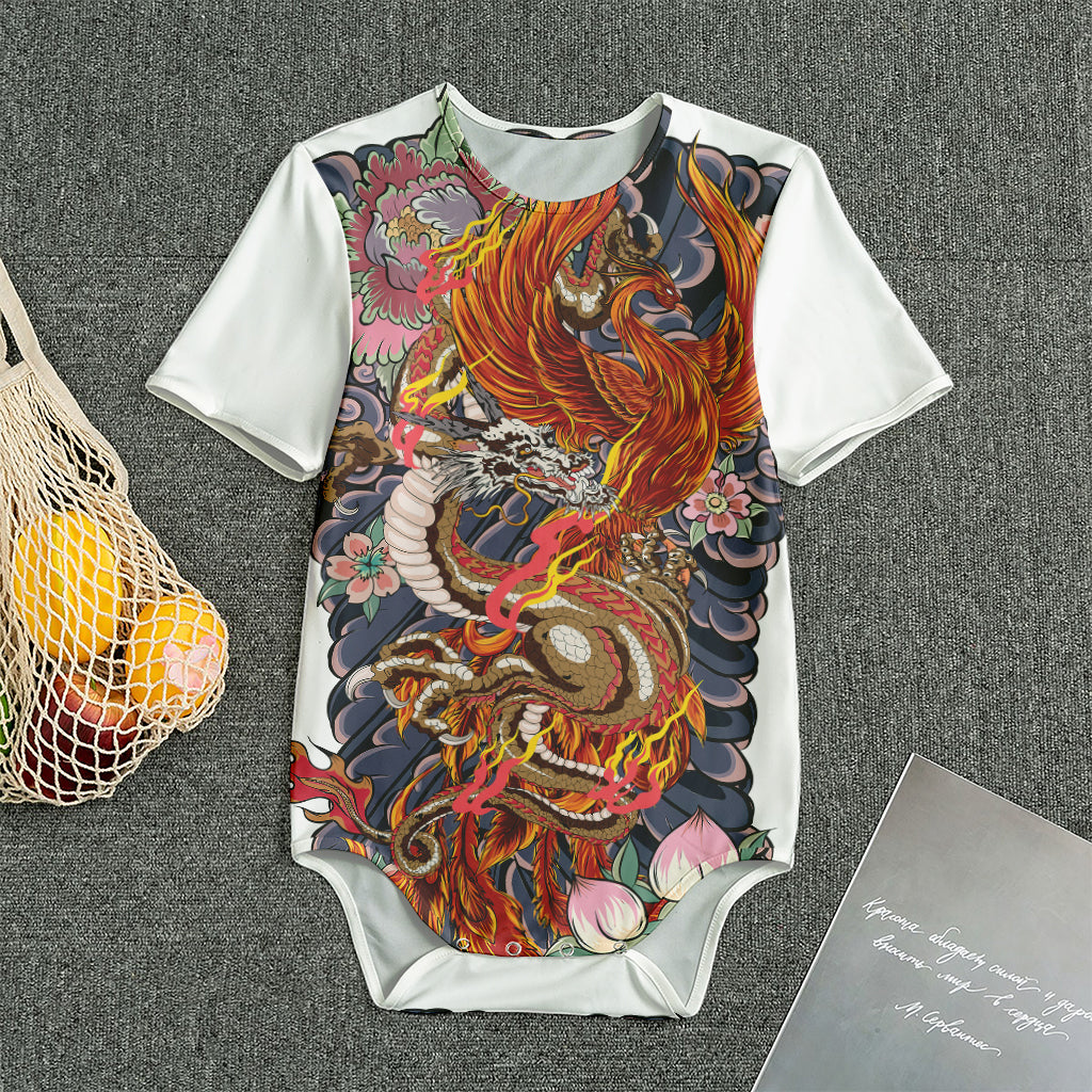 Japanese Dragon And Phoenix Tattoo Print Men's Bodysuit