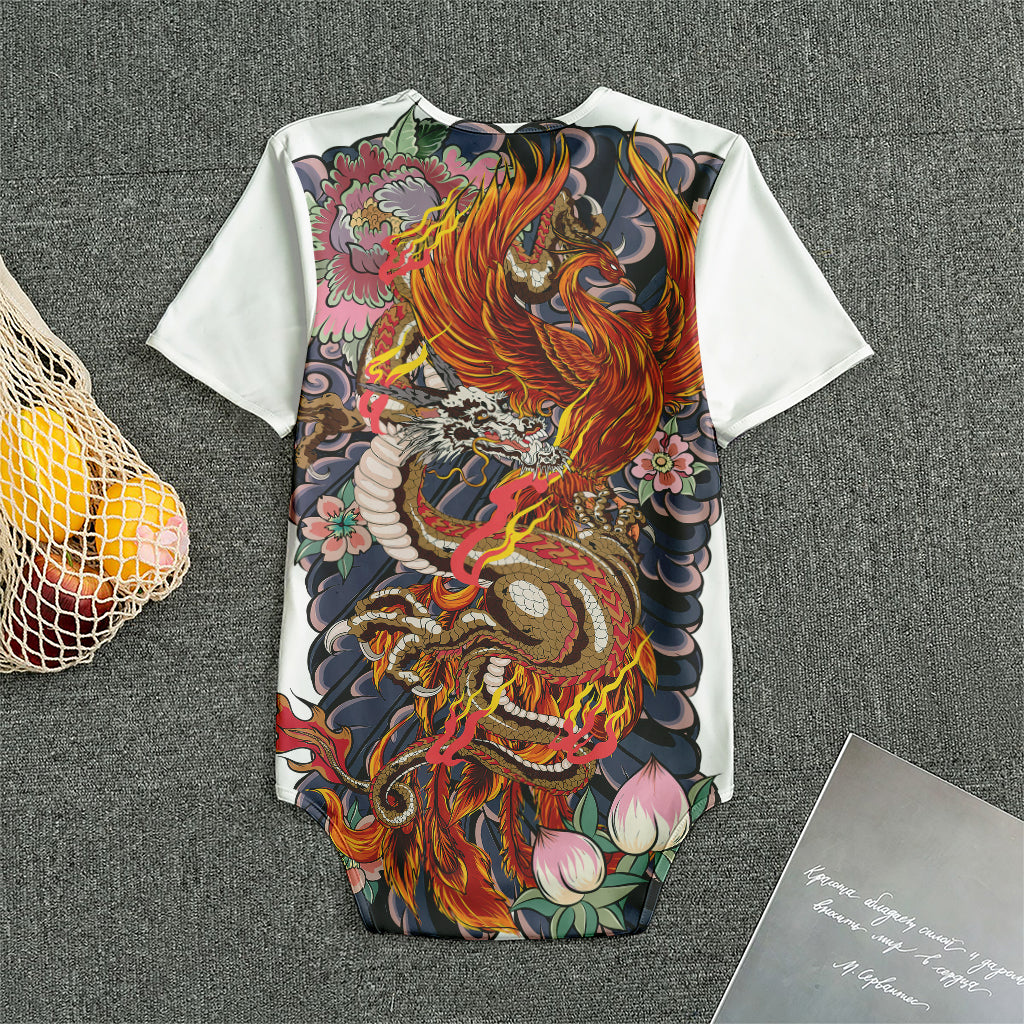 Japanese Dragon And Phoenix Tattoo Print Men's Bodysuit