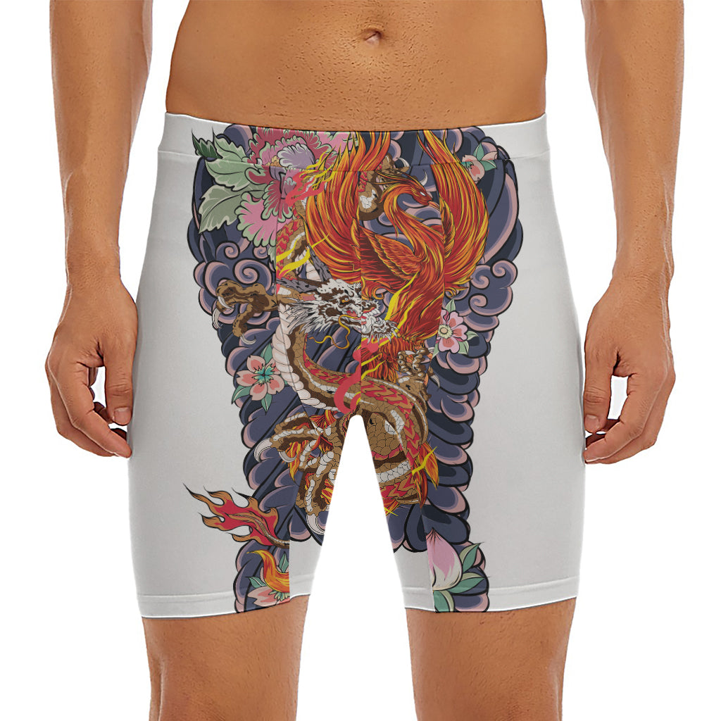 Japanese Dragon And Phoenix Tattoo Print Men's Long Boxer Briefs