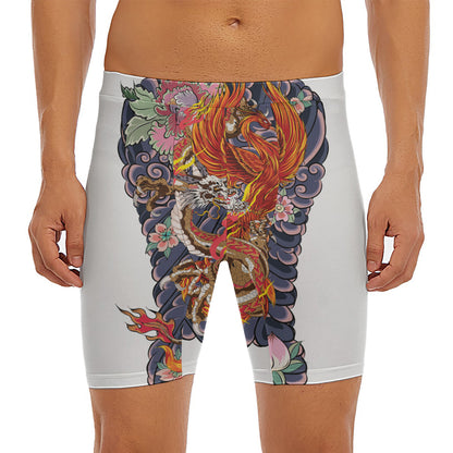 Japanese Dragon And Phoenix Tattoo Print Men's Long Boxer Briefs