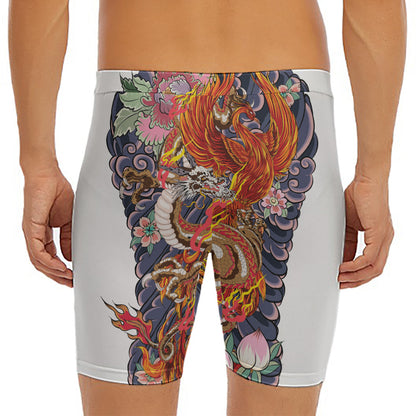 Japanese Dragon And Phoenix Tattoo Print Men's Long Boxer Briefs