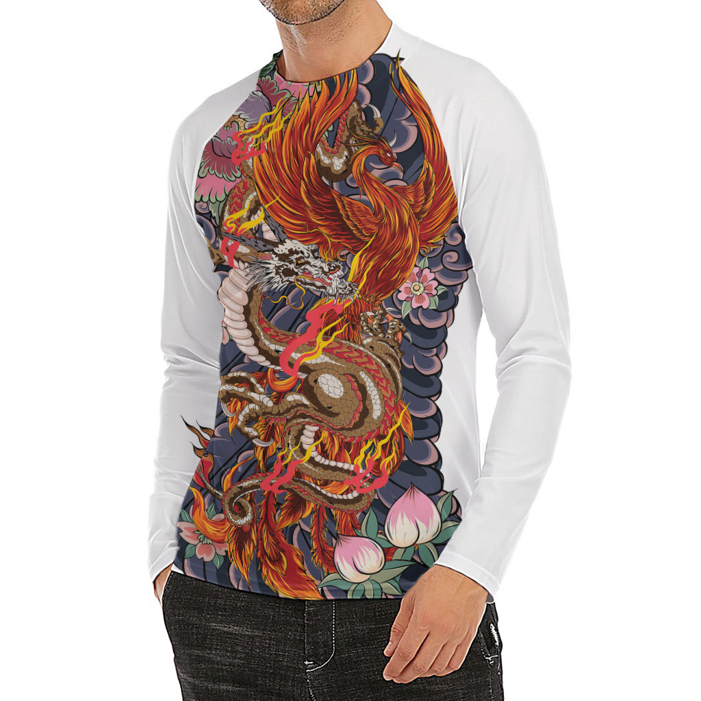 Japanese Dragon And Phoenix Tattoo Print Men's Long Sleeve Rash Guard