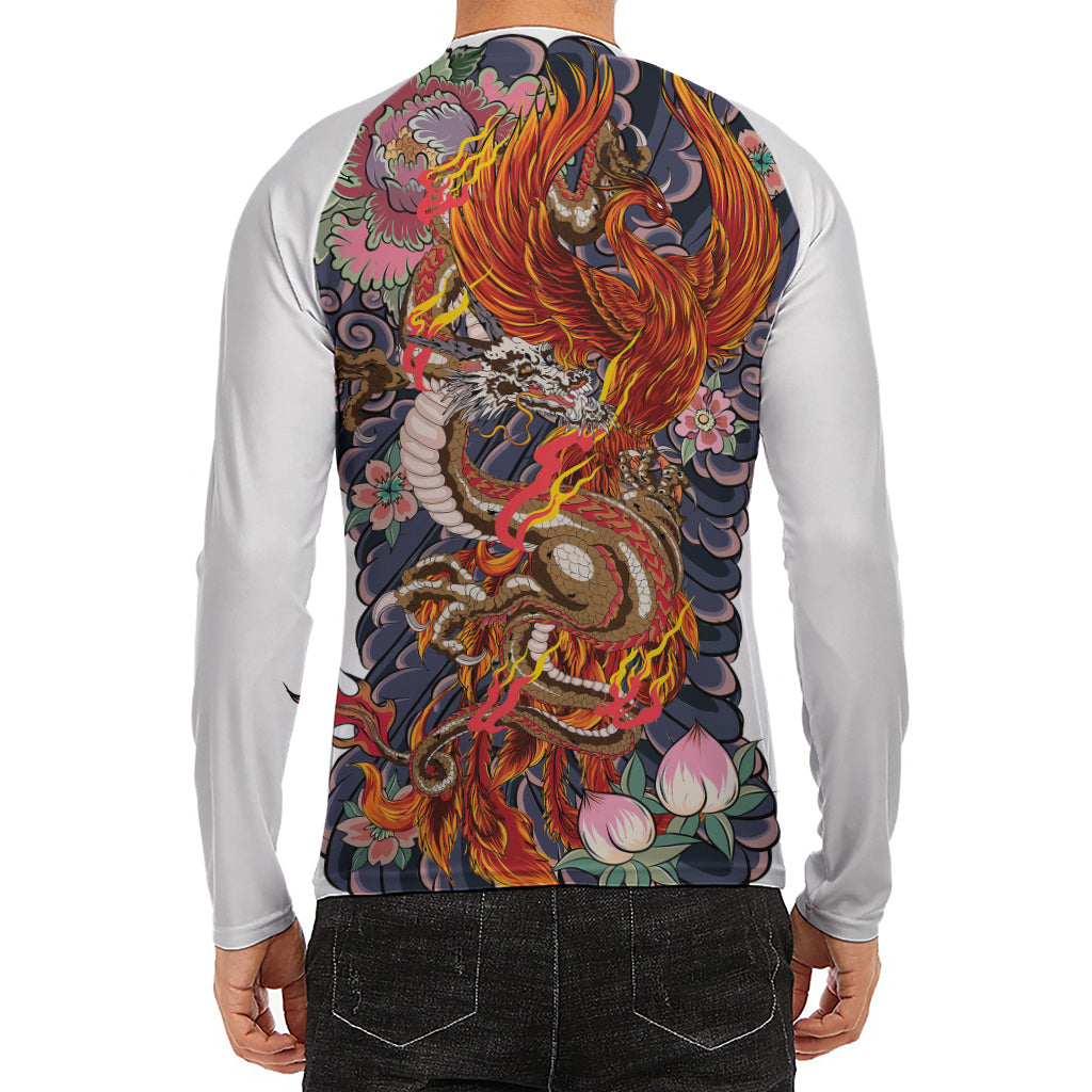 Japanese Dragon And Phoenix Tattoo Print Men's Long Sleeve Rash Guard