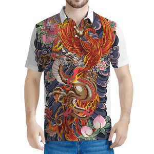 Japanese Dragon And Phoenix Tattoo Print Men's Polo Shirt