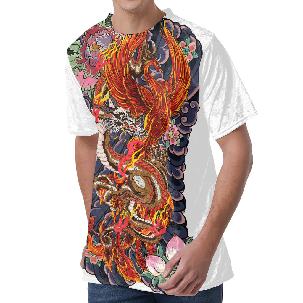 Japanese Dragon And Phoenix Tattoo Print Men's Velvet T-Shirt