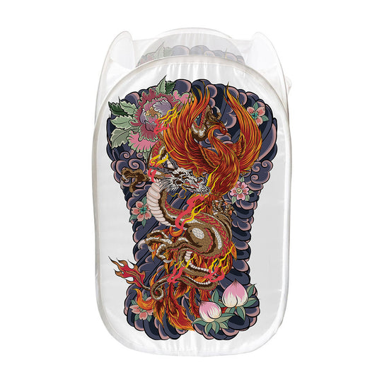 Japanese Dragon And Phoenix Tattoo Print Mesh Laundry Hamper