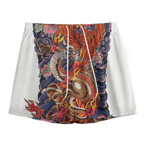 Japanese Dragon And Phoenix Tattoo Print Mesh Shorts