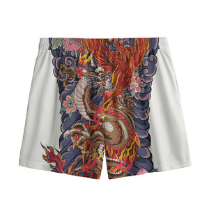 Japanese Dragon And Phoenix Tattoo Print Mesh Shorts