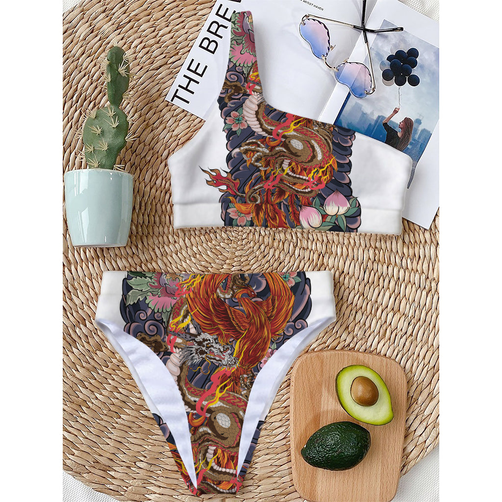 Japanese Dragon And Phoenix Tattoo Print One Shoulder Bikini Top