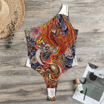 Japanese Dragon And Phoenix Tattoo Print One Shoulder Bodysuit