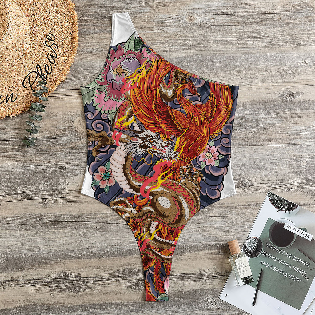 Japanese Dragon And Phoenix Tattoo Print One Shoulder Bodysuit