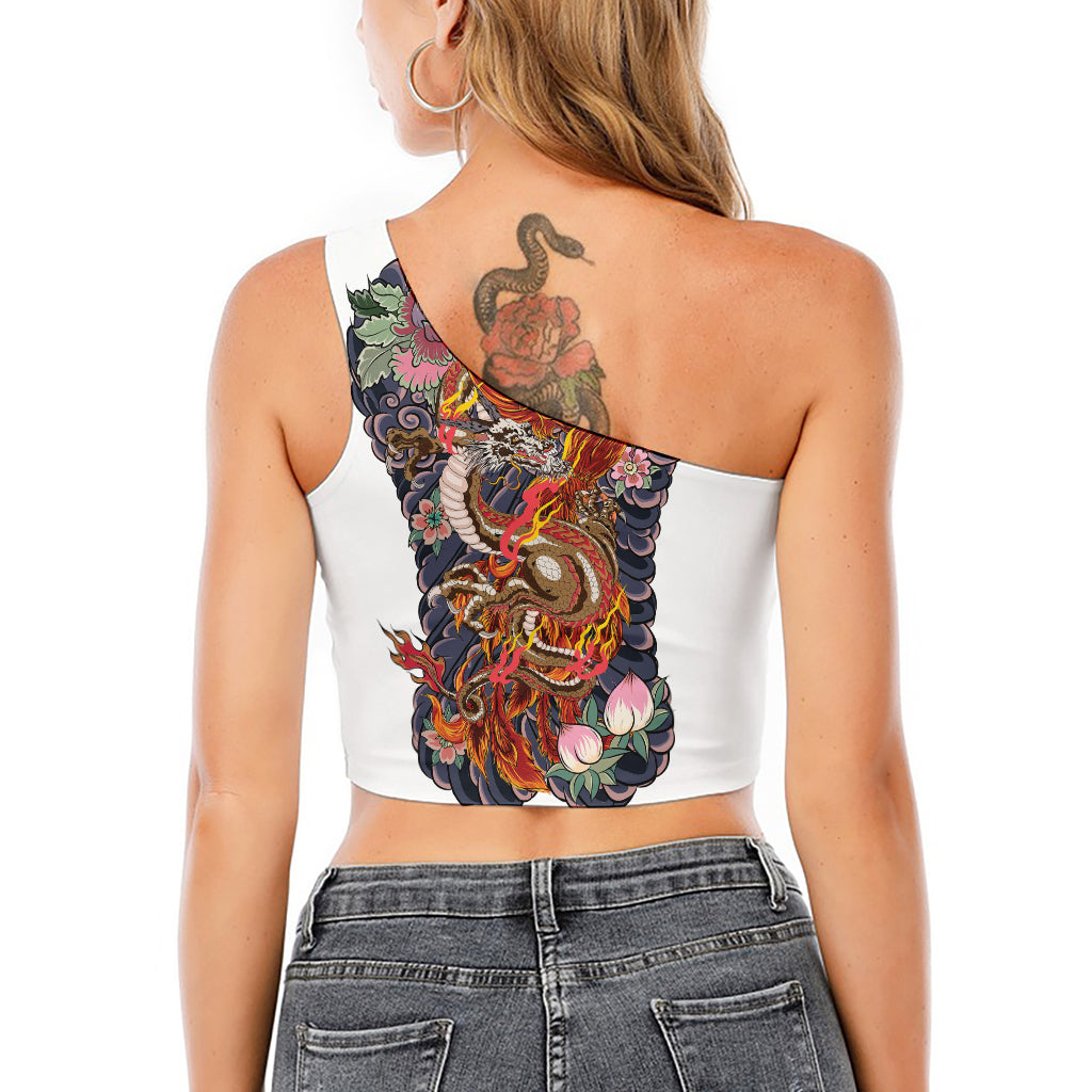 Japanese Dragon And Phoenix Tattoo Print One Shoulder Crop Top