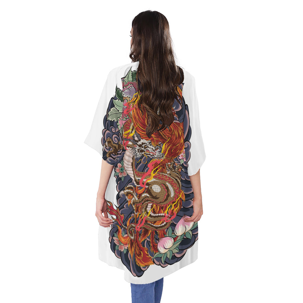 Japanese Dragon And Phoenix Tattoo Print Open Front Beach Cover Up