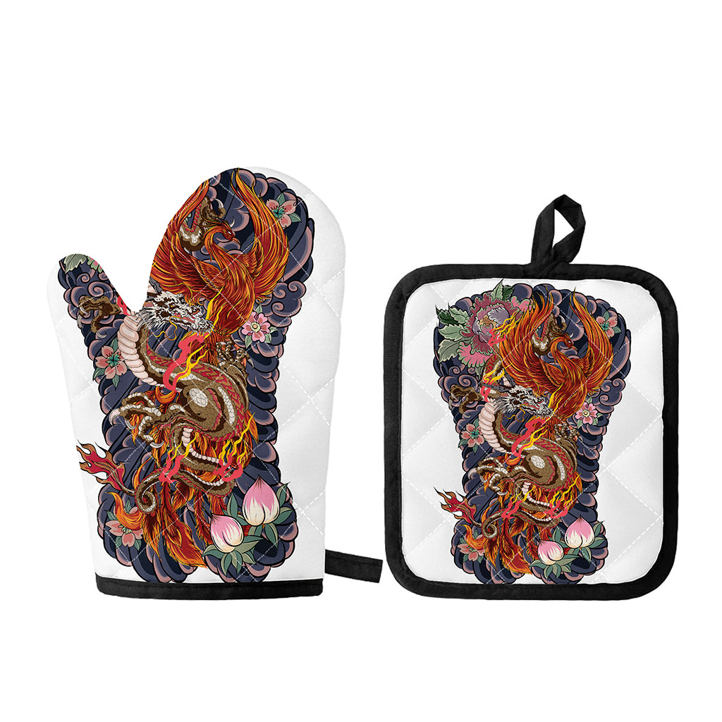 Japanese Dragon And Phoenix Tattoo Print Oven Mitt And Pot Holder Set