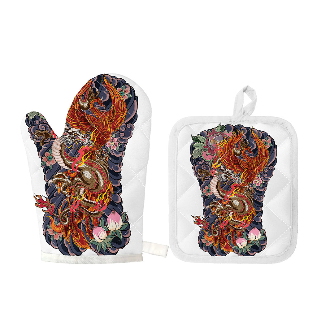 Japanese Dragon And Phoenix Tattoo Print Oven Mitt And Pot Holder Set