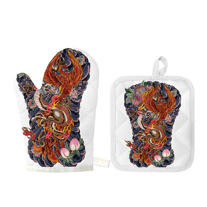 Japanese Dragon And Phoenix Tattoo Print Oven Mitt And Pot Holder Set