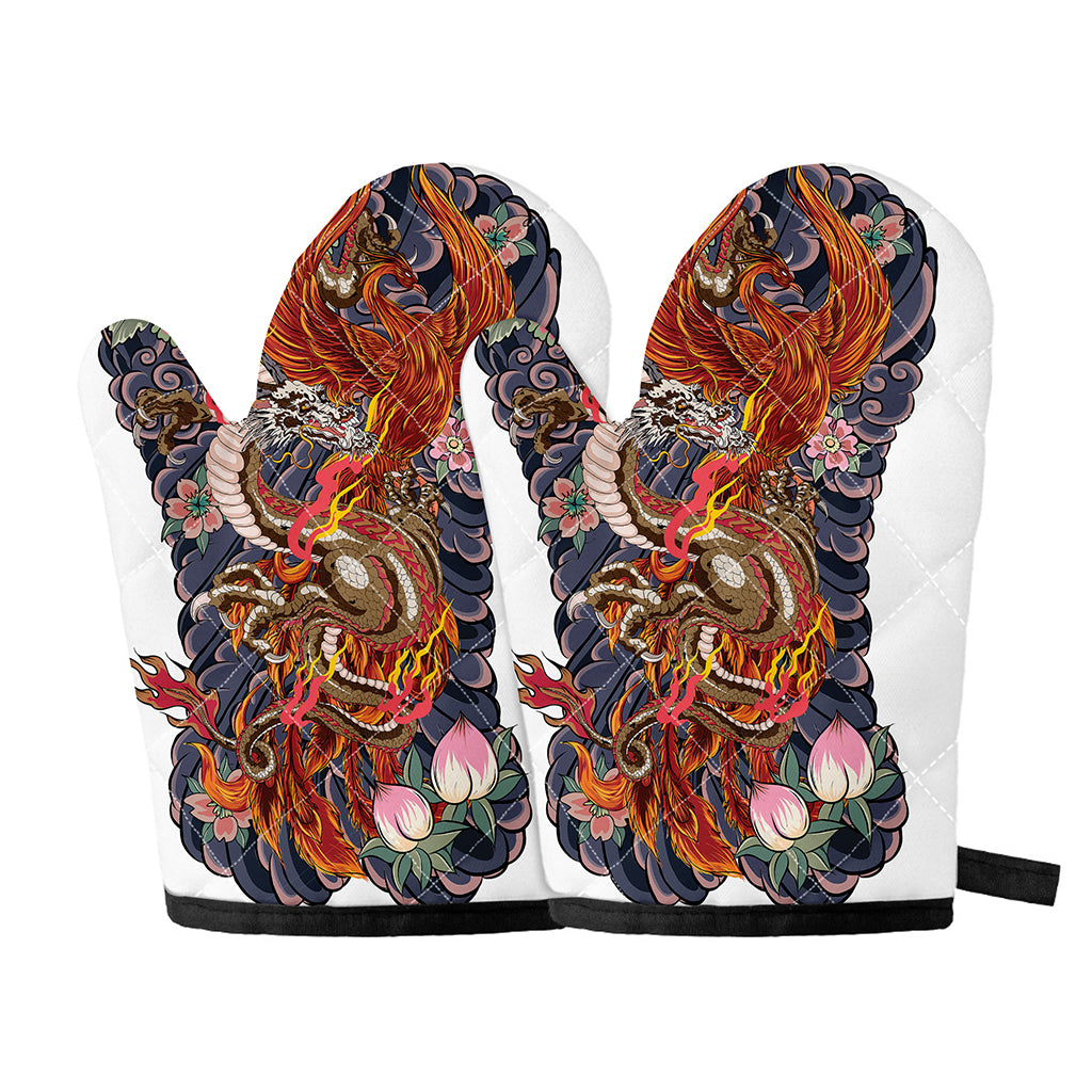 Japanese Dragon And Phoenix Tattoo Print Oven Mitts