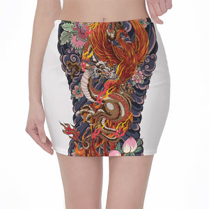 Japanese Dragon And Phoenix Tattoo Print Pencil Mini Skirt