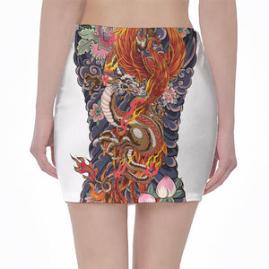 Japanese Dragon And Phoenix Tattoo Print Pencil Mini Skirt