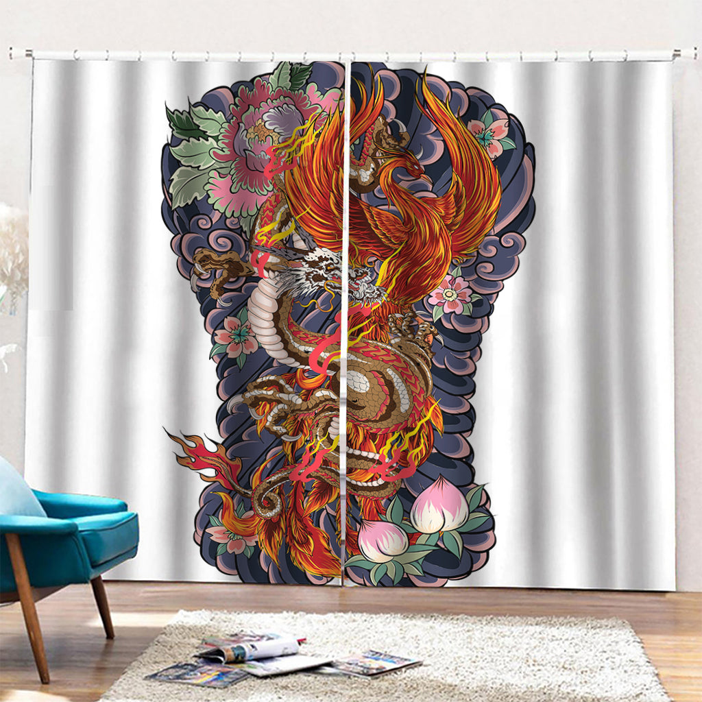 Japanese Dragon And Phoenix Tattoo Print Pencil Pleat Curtains