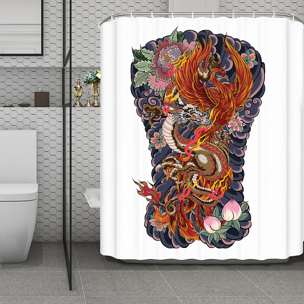 Japanese Dragon And Phoenix Tattoo Print Polyester Shower Curtain