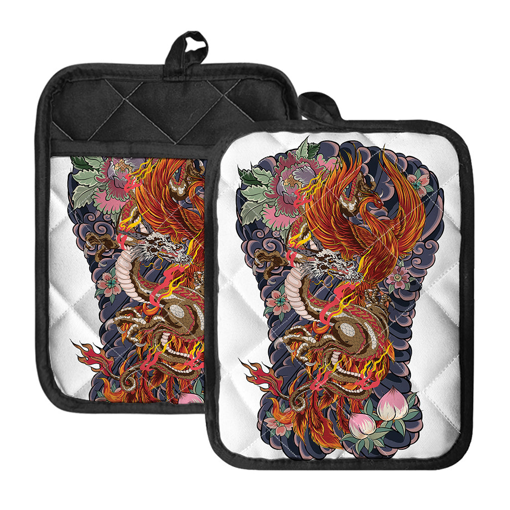 Japanese Dragon And Phoenix Tattoo Print Pot Holders With Pocket