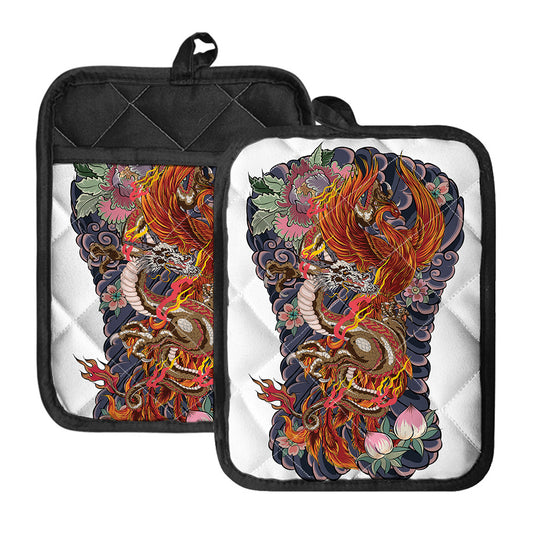 Japanese Dragon And Phoenix Tattoo Print Pot Holders With Pocket