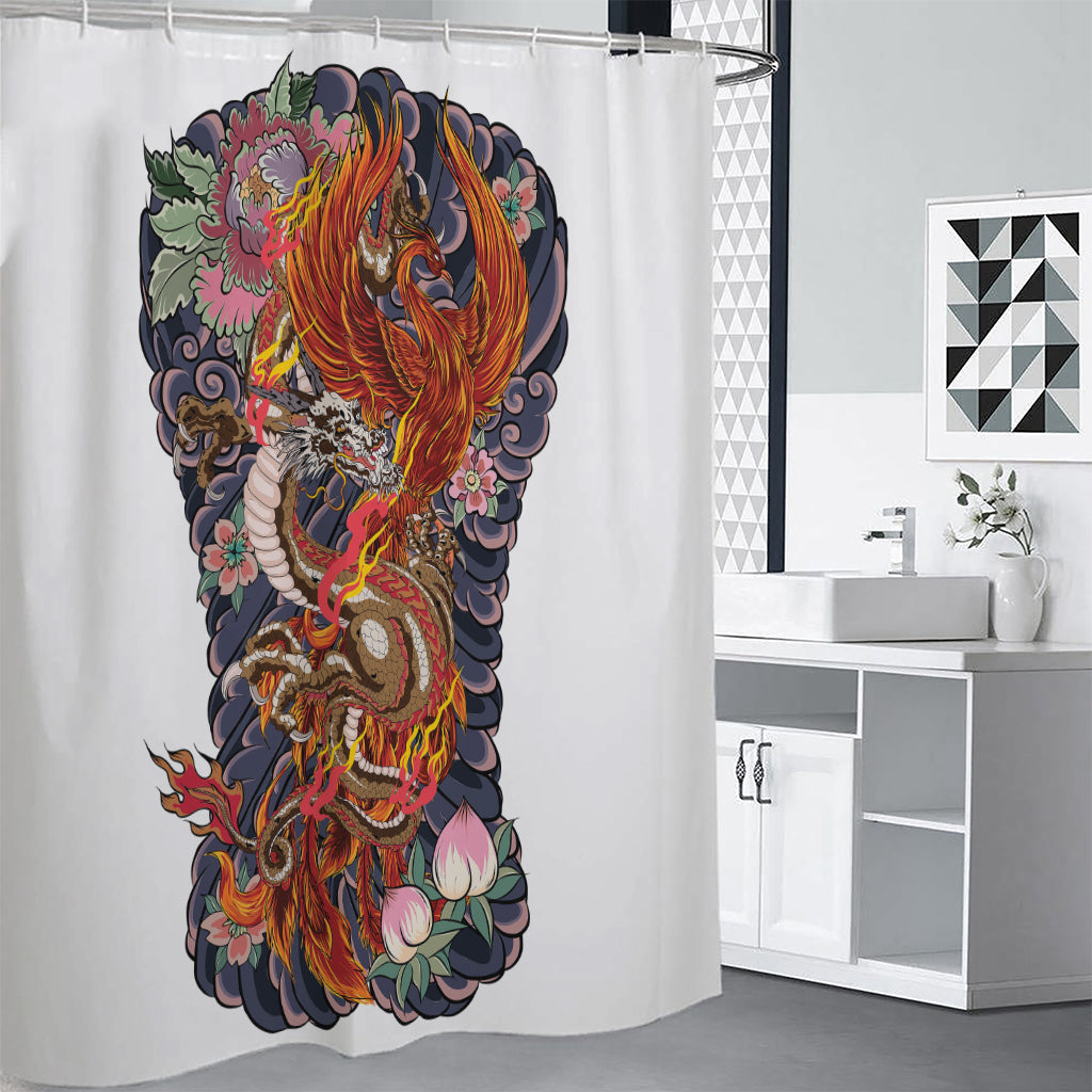 Japanese Dragon And Phoenix Tattoo Print Premium Shower Curtain