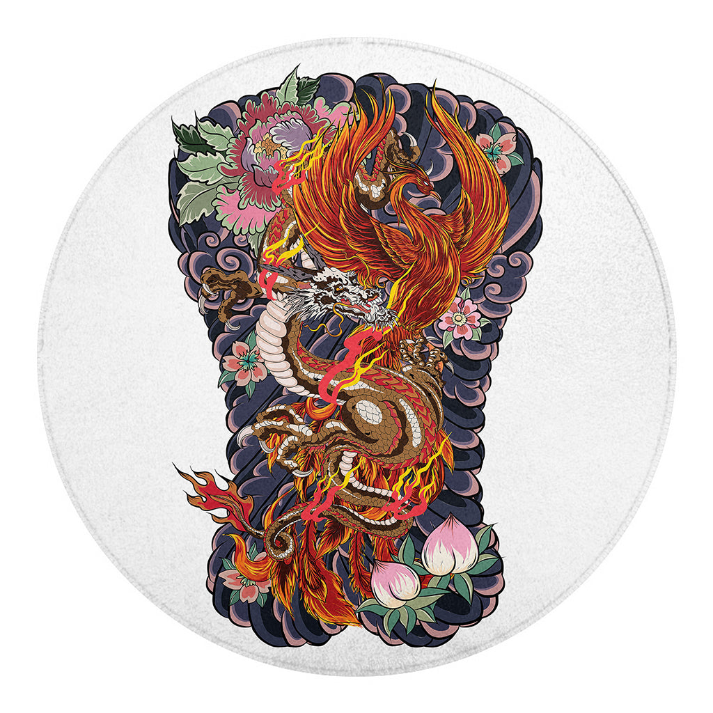 Japanese Dragon And Phoenix Tattoo Print Round Blanket