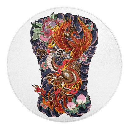 Japanese Dragon And Phoenix Tattoo Print Round Blanket