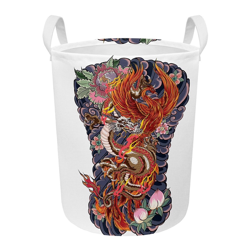 Japanese Dragon And Phoenix Tattoo Print Round Laundry Basket
