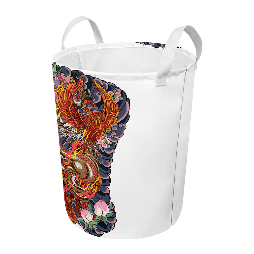 Japanese Dragon And Phoenix Tattoo Print Round Laundry Basket