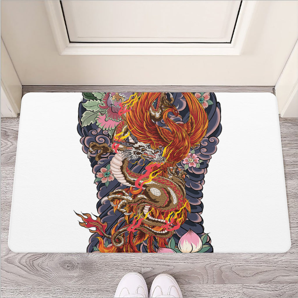 Japanese Dragon And Phoenix Tattoo Print Rubber Doormat