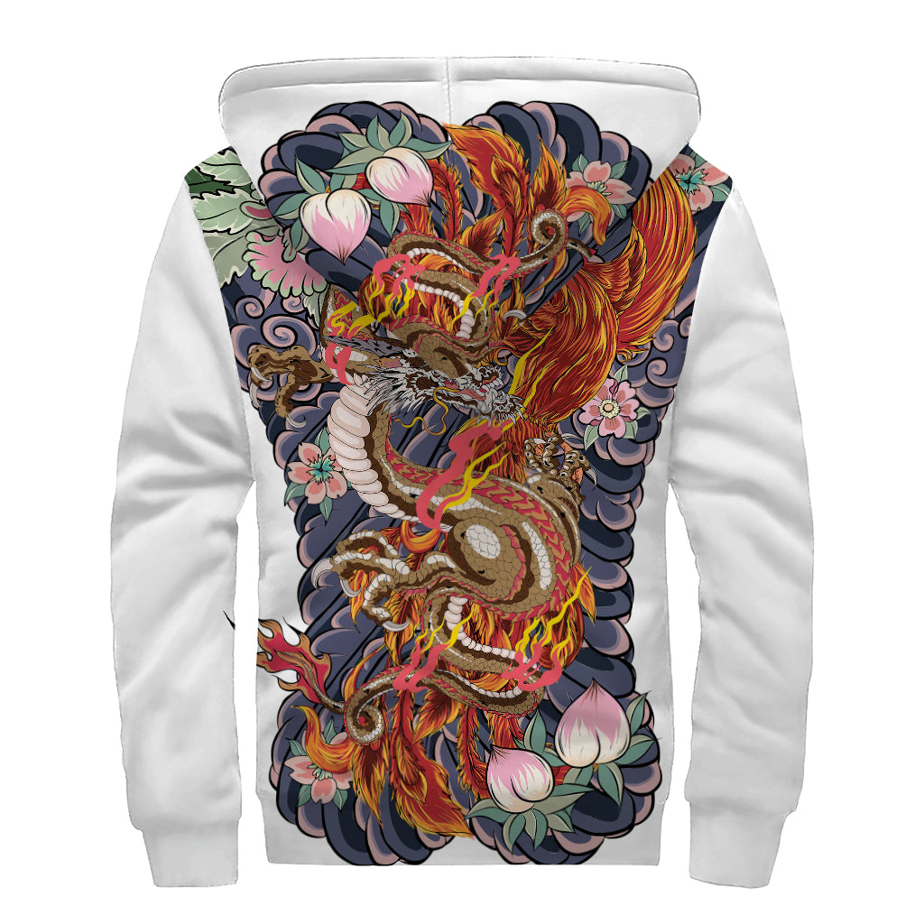 Japanese Dragon And Phoenix Tattoo Print Sherpa Lined Zip Up Hoodie