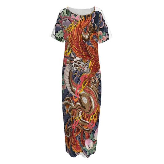 Japanese Dragon And Phoenix Tattoo Print Short Sleeve Long Nightdress
