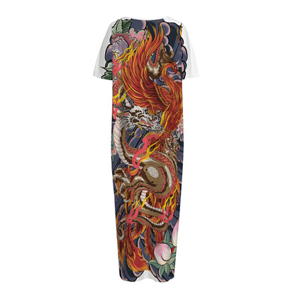 Japanese Dragon And Phoenix Tattoo Print Short Sleeve Long Nightdress