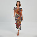 Japanese Dragon And Phoenix Tattoo Print Short Sleeve Maxi Dress