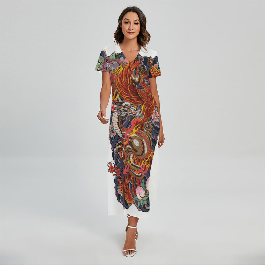 Japanese Dragon And Phoenix Tattoo Print Short Sleeve Maxi Dress