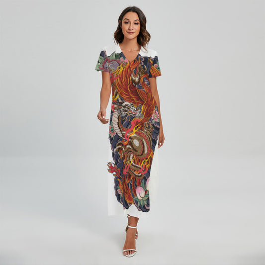 Japanese Dragon And Phoenix Tattoo Print Short Sleeve Maxi Dress
