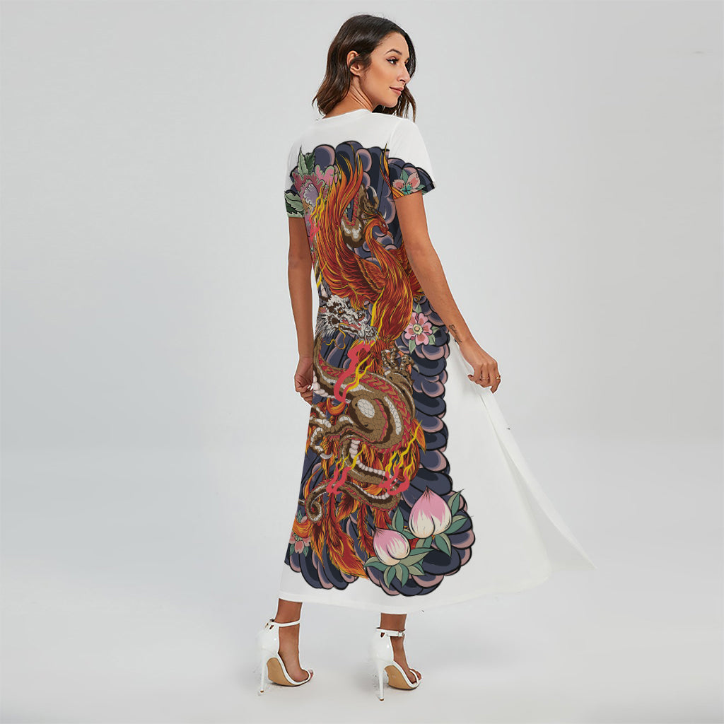 Japanese Dragon And Phoenix Tattoo Print Short Sleeve Maxi Dress