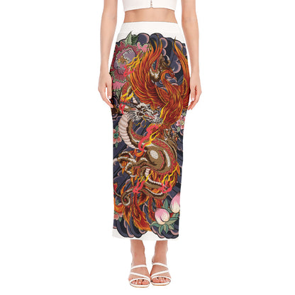 Japanese Dragon And Phoenix Tattoo Print Side Slit Maxi Skirt