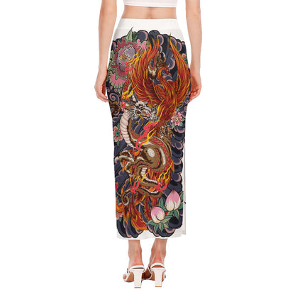 Japanese Dragon And Phoenix Tattoo Print Side Slit Maxi Skirt