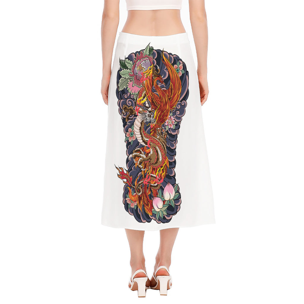 Japanese Dragon And Phoenix Tattoo Print Side Slit Midi Skirt