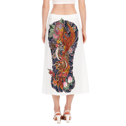 Japanese Dragon And Phoenix Tattoo Print Side Slit Midi Skirt