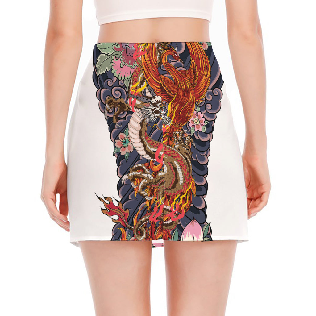 Japanese Dragon And Phoenix Tattoo Print Side Slit Mini Skirt